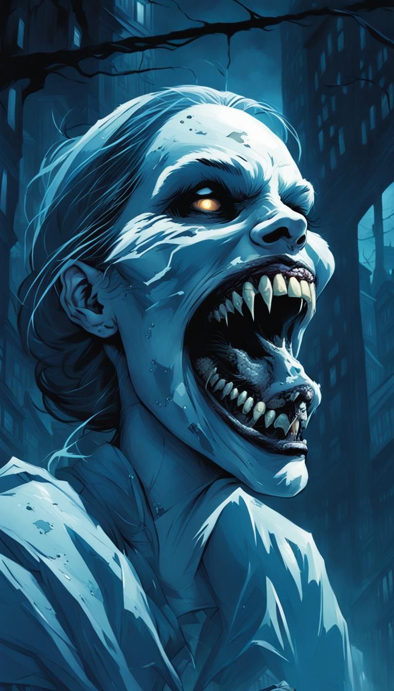 Female ghost with very sharp teeth. Beautiful but frightening. Blue. Urban setting.