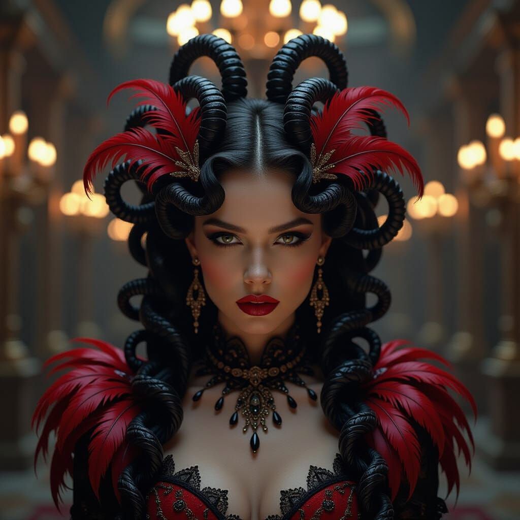 Medusa as High-Fashion Icon with Feather & Obsidian Hair