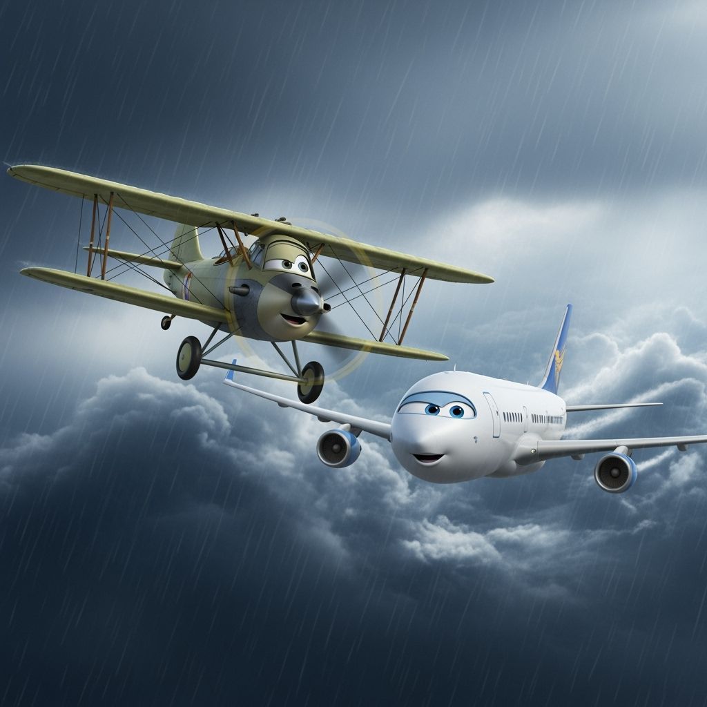 Pixar-Style Biplane and Airliner Fly Through Storm