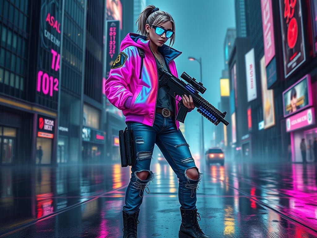 Cyberpunk Warrior in Neon Noir Digital Painting