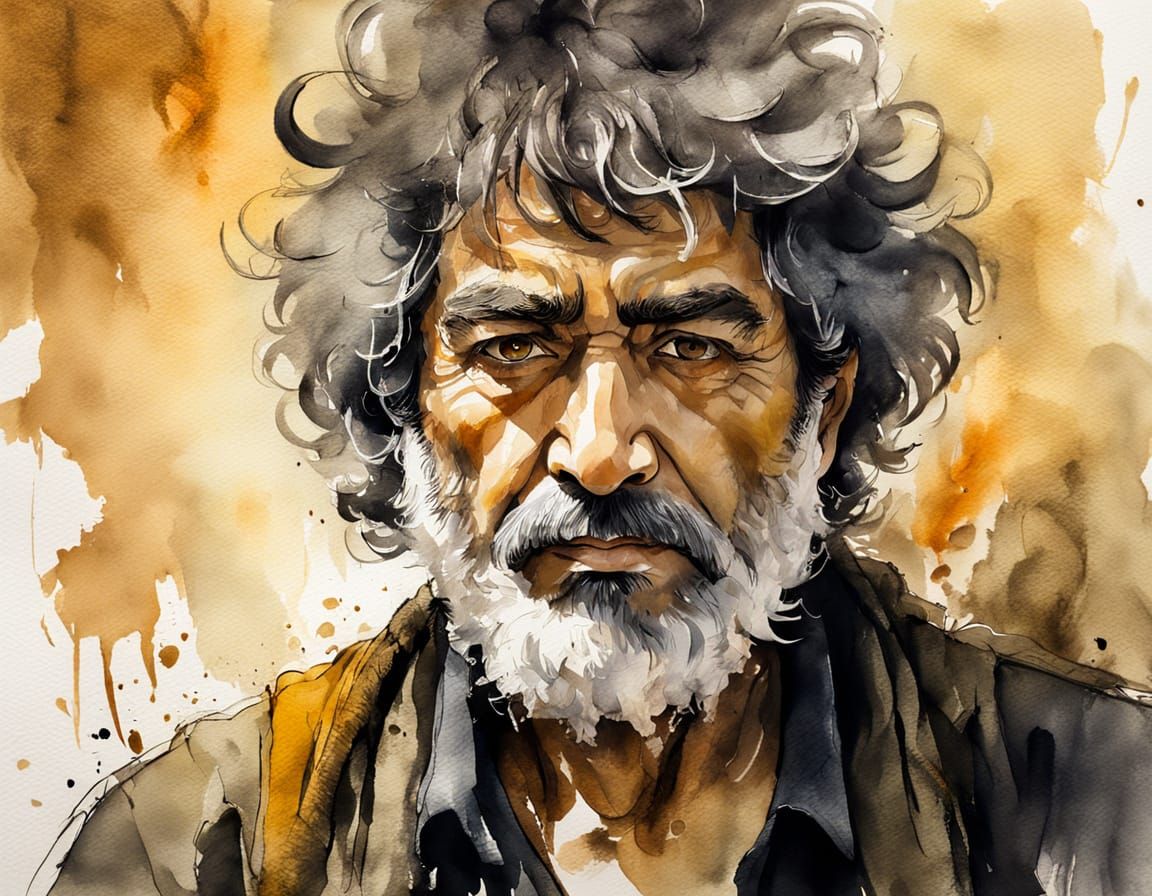 Expressive Inkwash Portrait of Shaggy Armenian Man