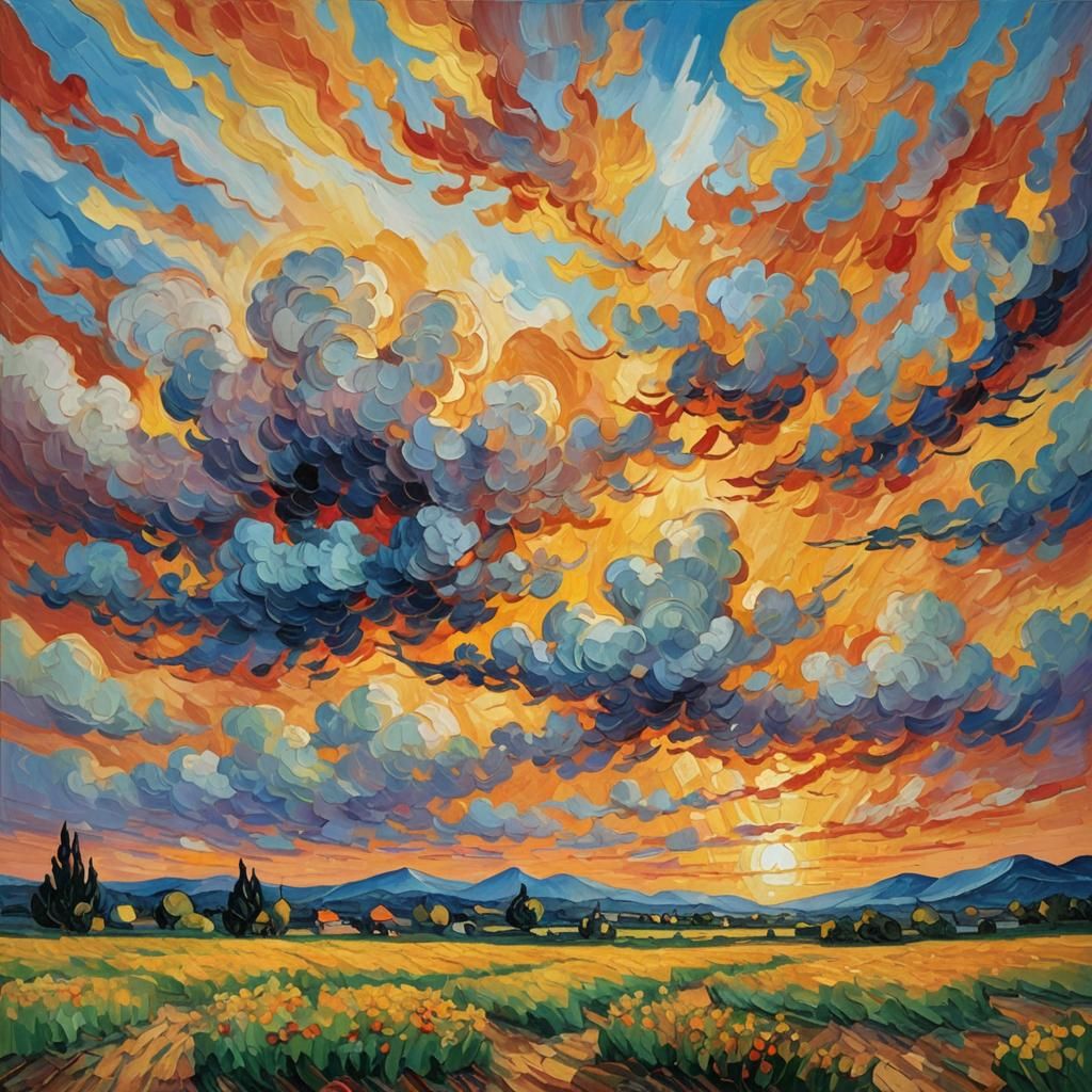 Sunrise Landscape in Neo-Impressionistic Impasto Style
