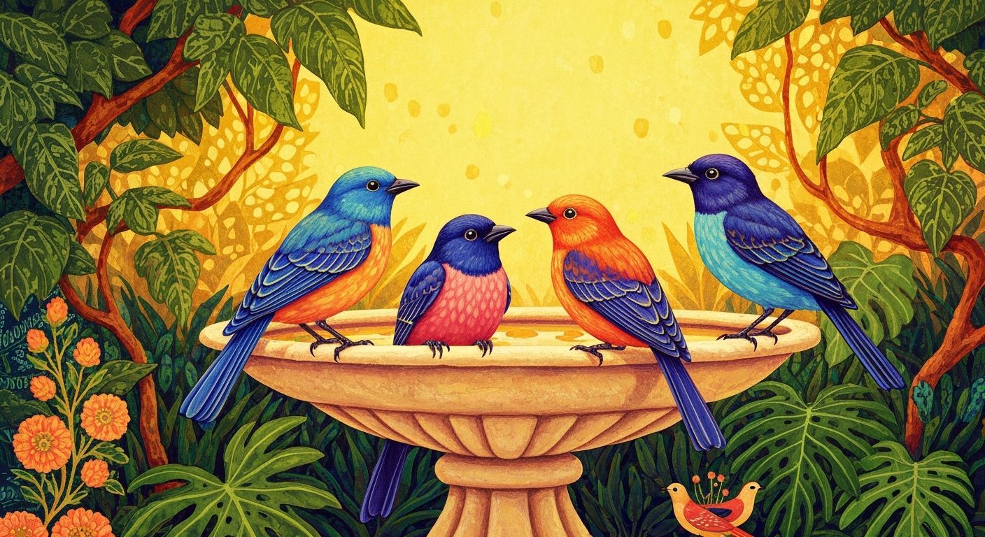 Colorful Birds Bathing in Sunlit Birdbath