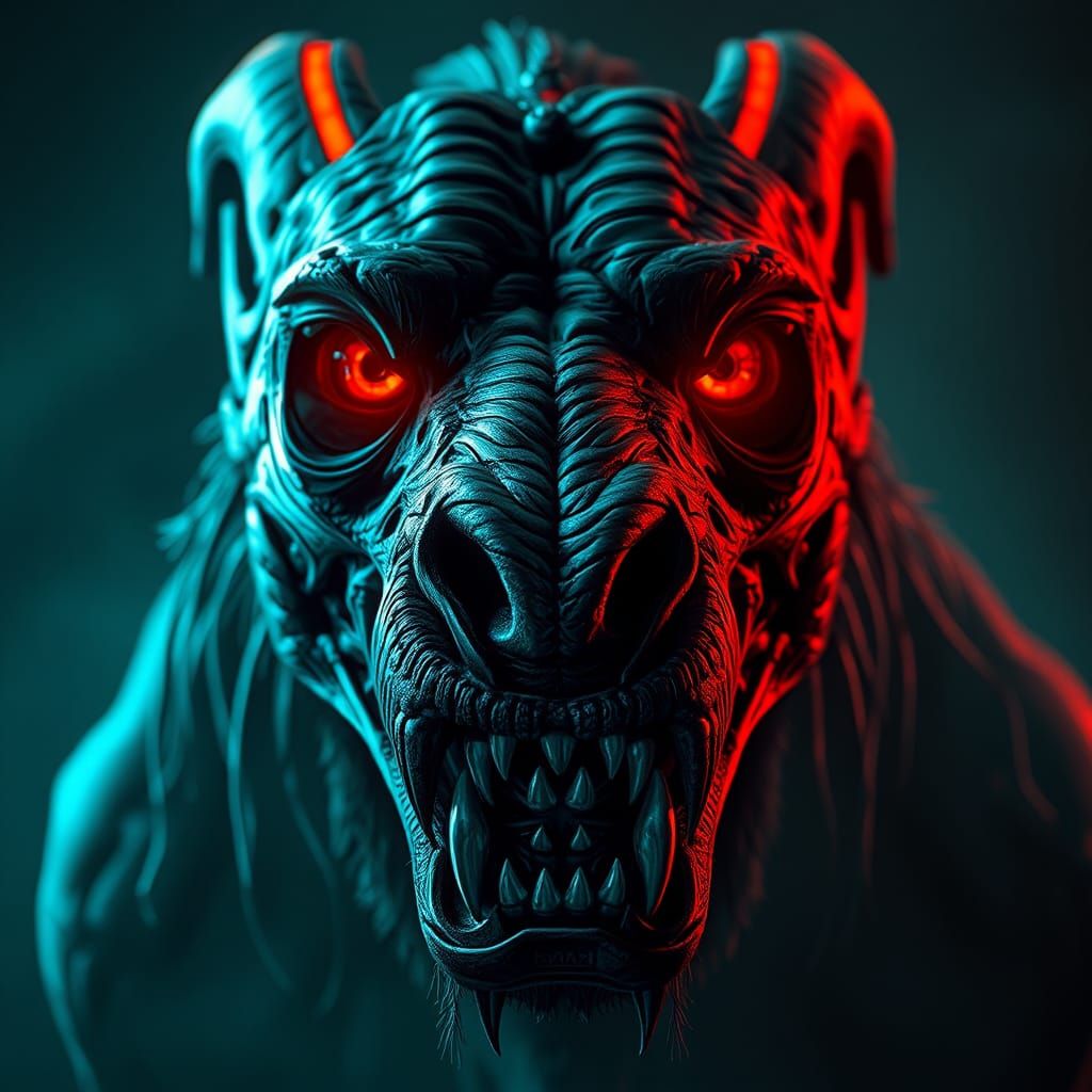 Cyberpunk Hellhound with Steel Teeth and Neon Glow