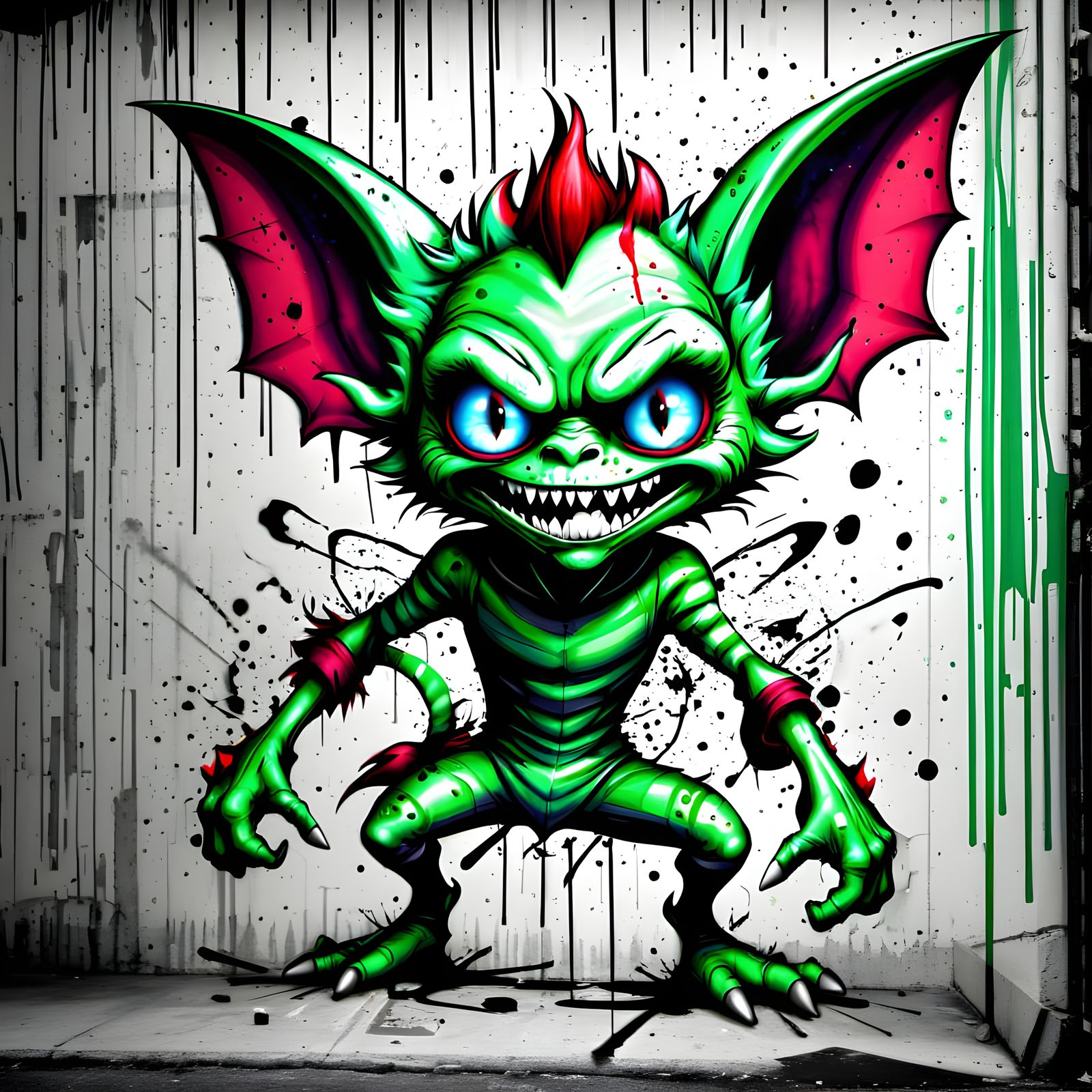 Urban Gremlin Art with Graffiti Background and Rebellion