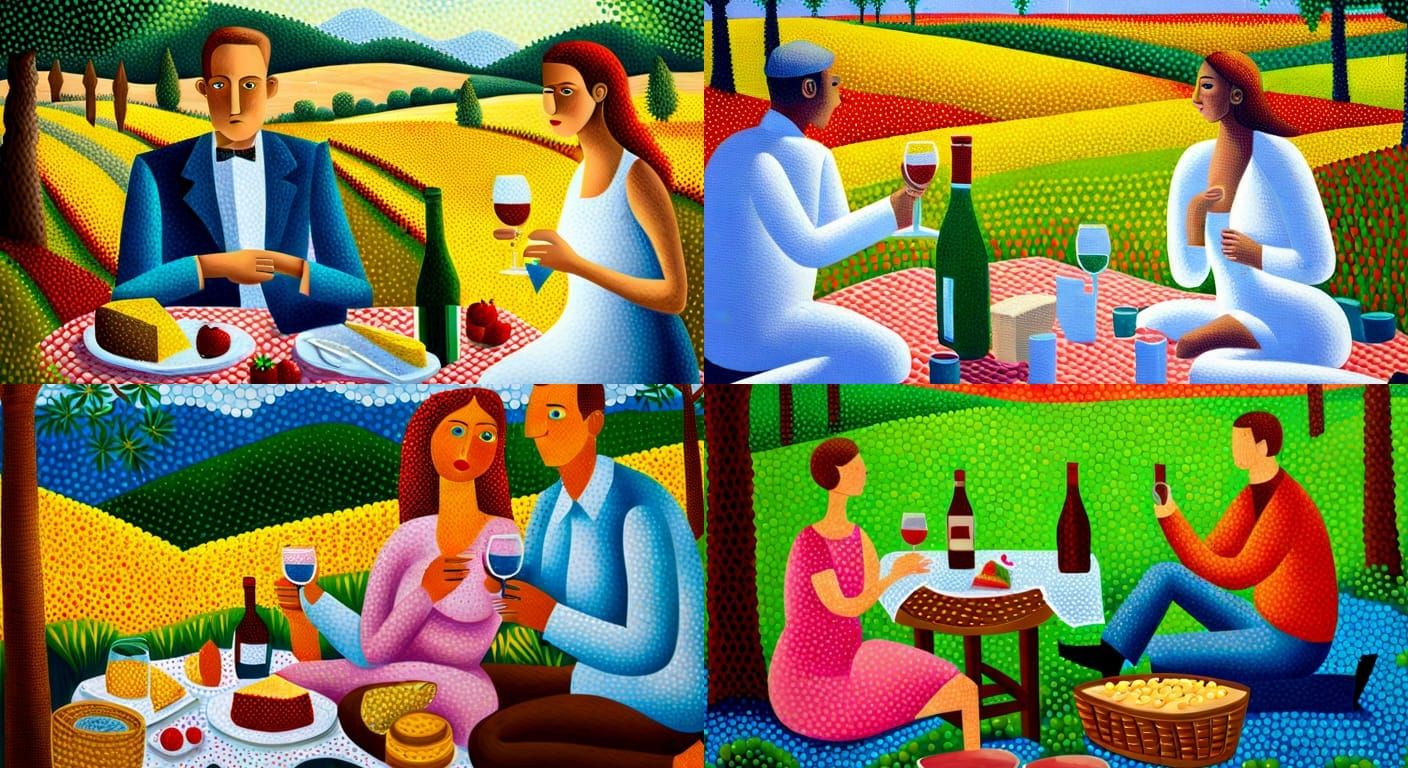 Romantic Picnic for Couple in Pointillism Style
