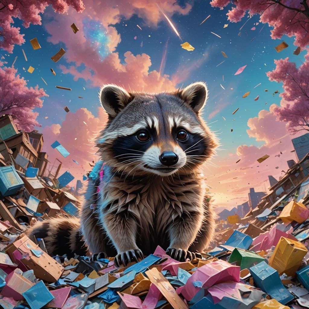 Ethereal Raccoon Searches the Sky: Hyperrealistic Splash Art