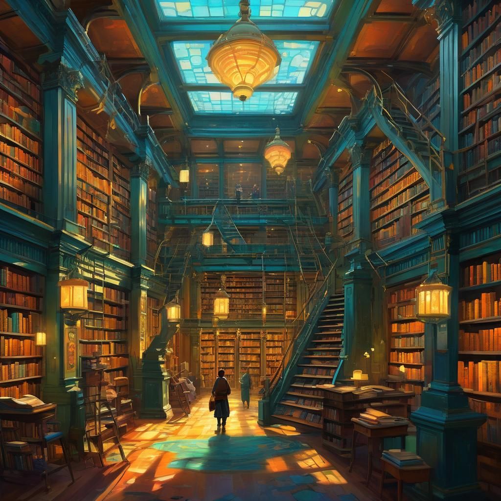 Bustling Library in Deserted Town: Whimsical Concept Art