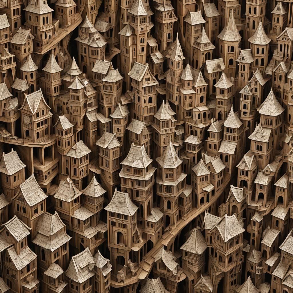 Escher-Inspired Wood Carving of Interlocking Cityscape