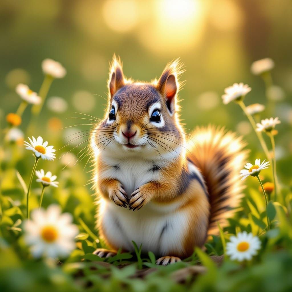 Cute Fluffy Chipmunk in Sun-Dappled Forest Clearing