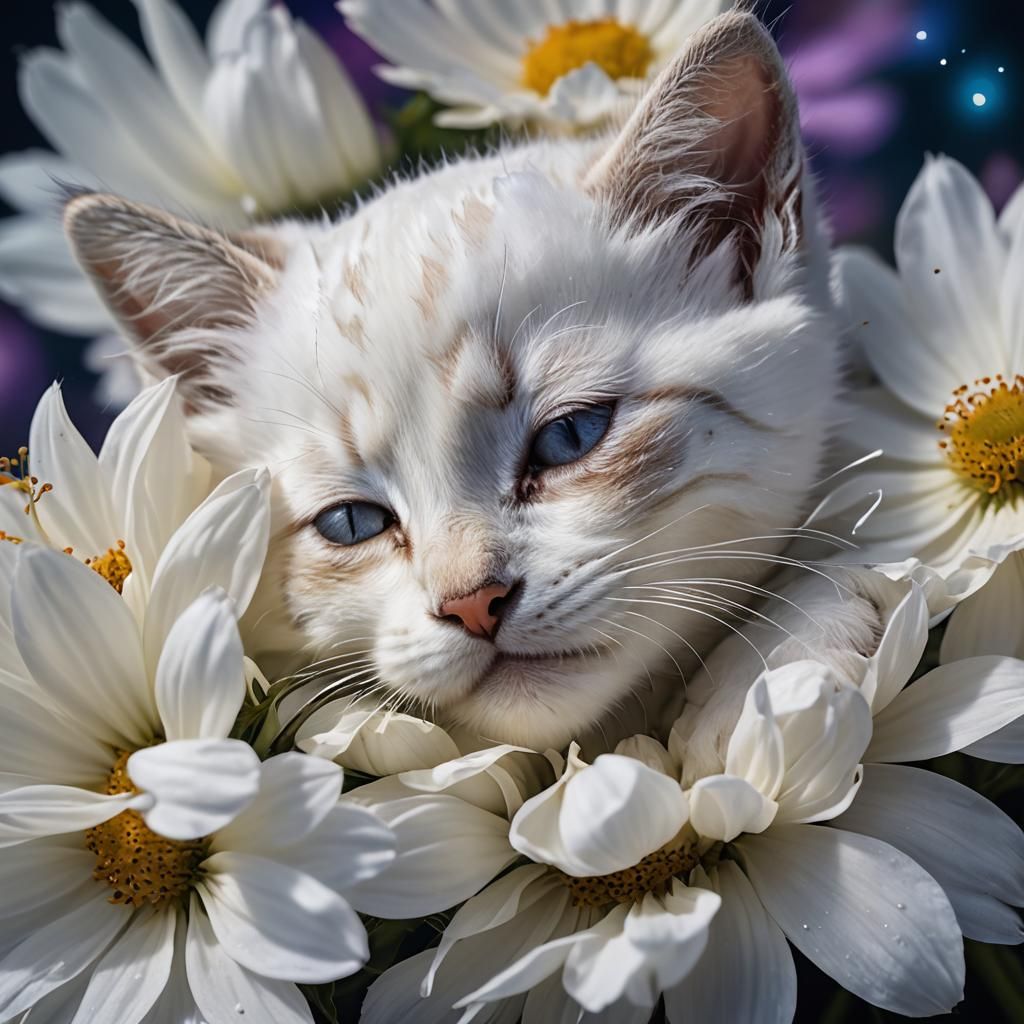 Kitten Sleeping on Cosmos Flower in Macro Photography