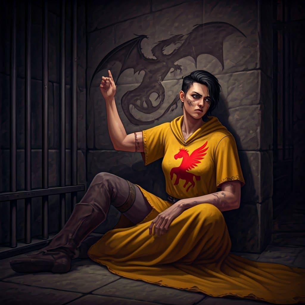 Medieval Fantasy Warrior in Yellow Robe Draws Dragon