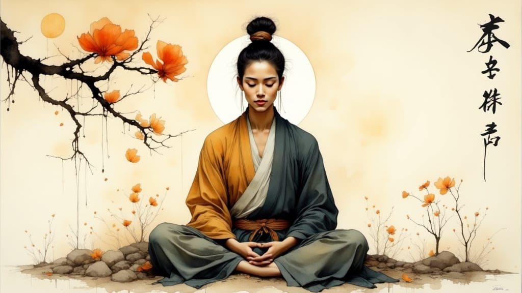 Zen Master Ensa Daruma in Ink Wash Painting Style