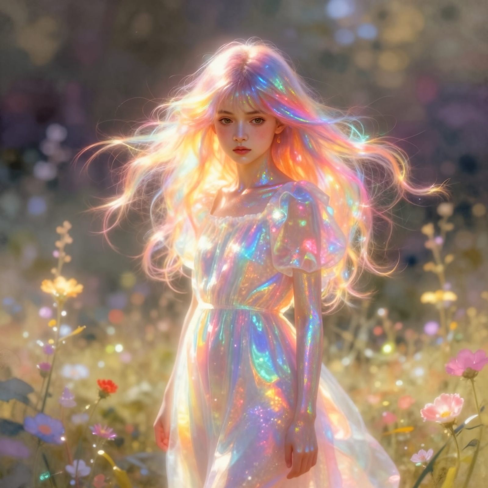 Ethereal Woman with Iridescent Skin in Dreamlike Landscape
