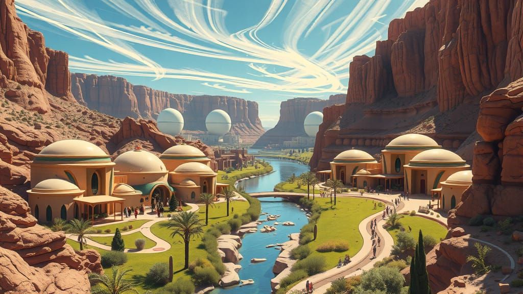 The Navajo Nation, in a futuristic community, nestled deep in a protected desert canyon