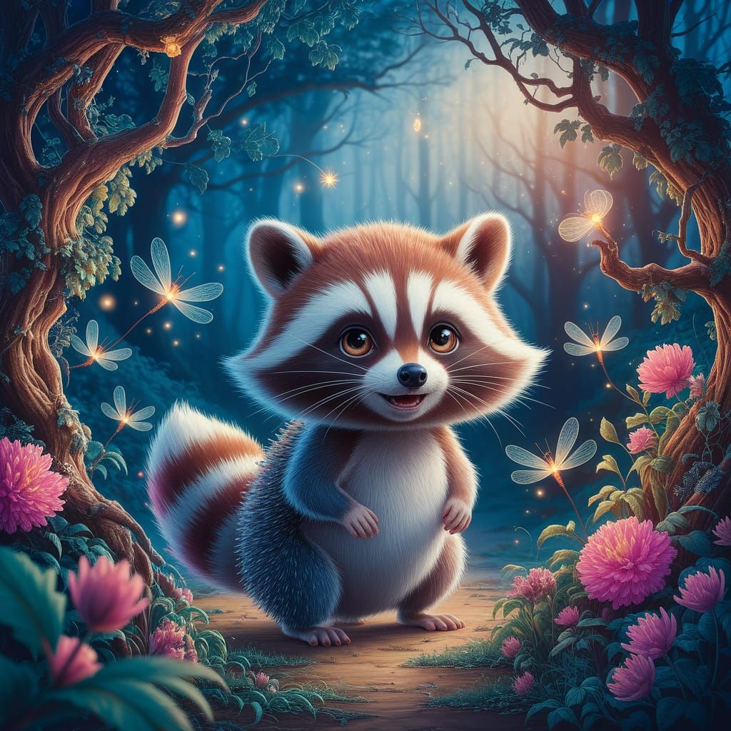 Fantastical Raccoon-Hedgehog Creature in Enchanted Forest