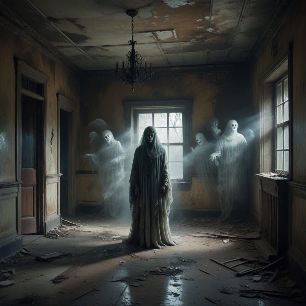 Unsettling Horror Painting of Ghostly Apparitions in Abandon...
