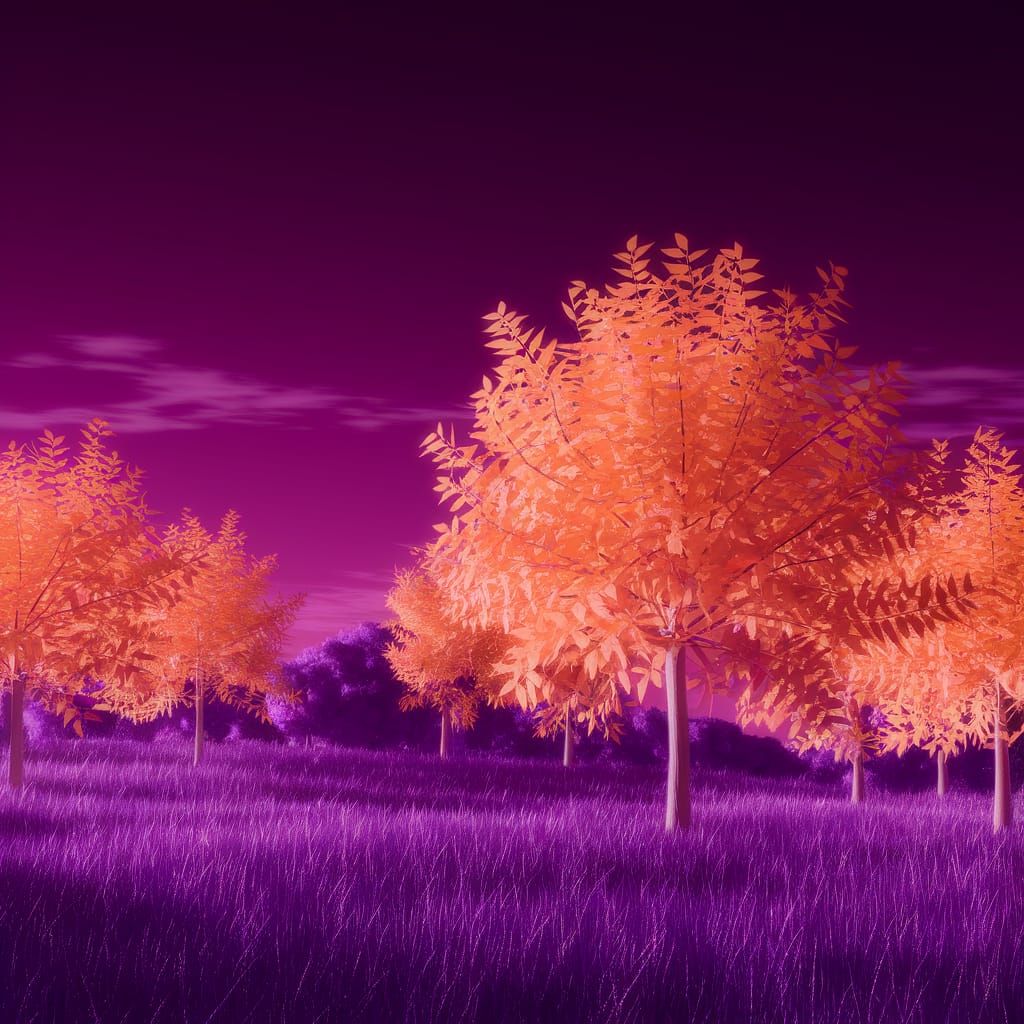 Ethereal Purple Dreamscape with Vibrant Orange Trees