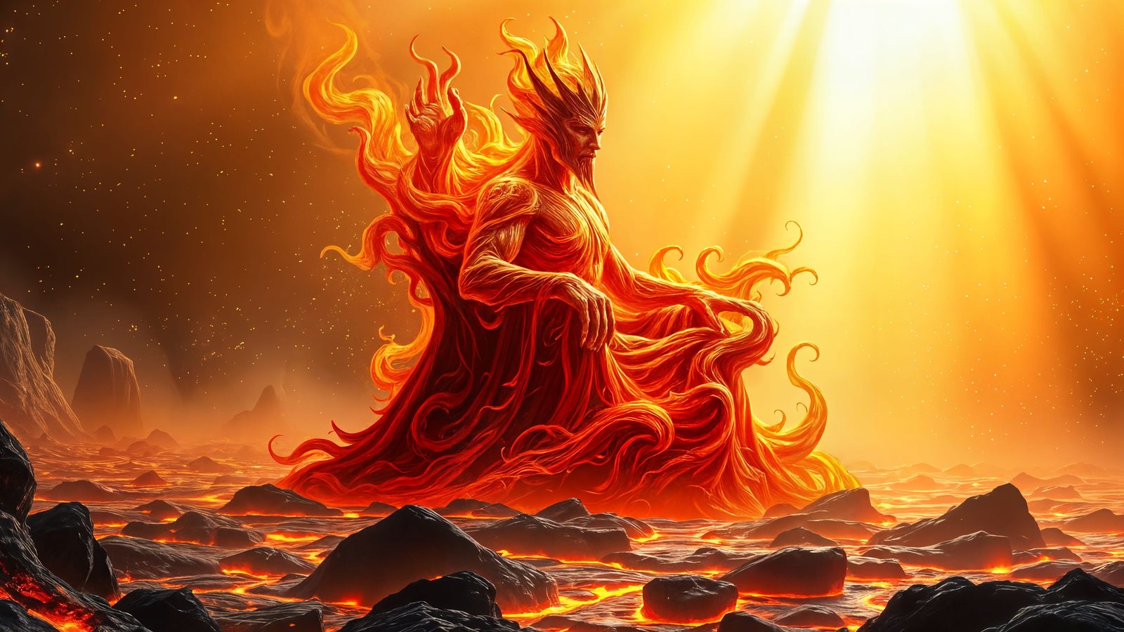 Flame Emperor on Lava Throne with Golden Light