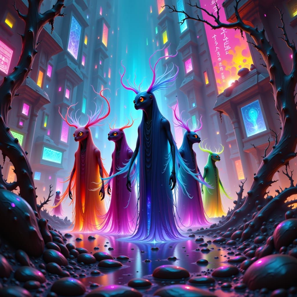 Bioluminescent Mystical Creatures in a Neon Cityscape