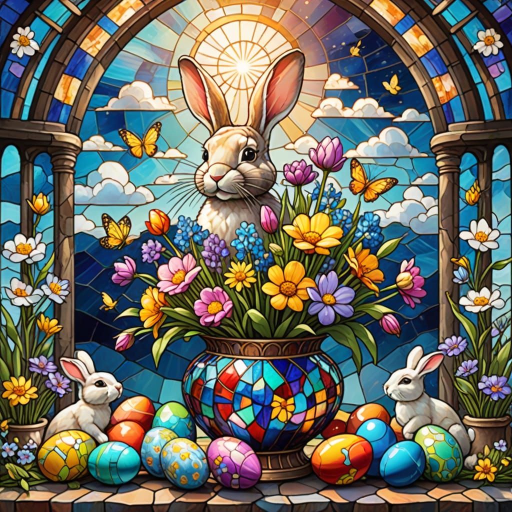 Stained glass easter vase showing rabbits and easter eggs. Vase filled with spring flowers. Background open window showi...