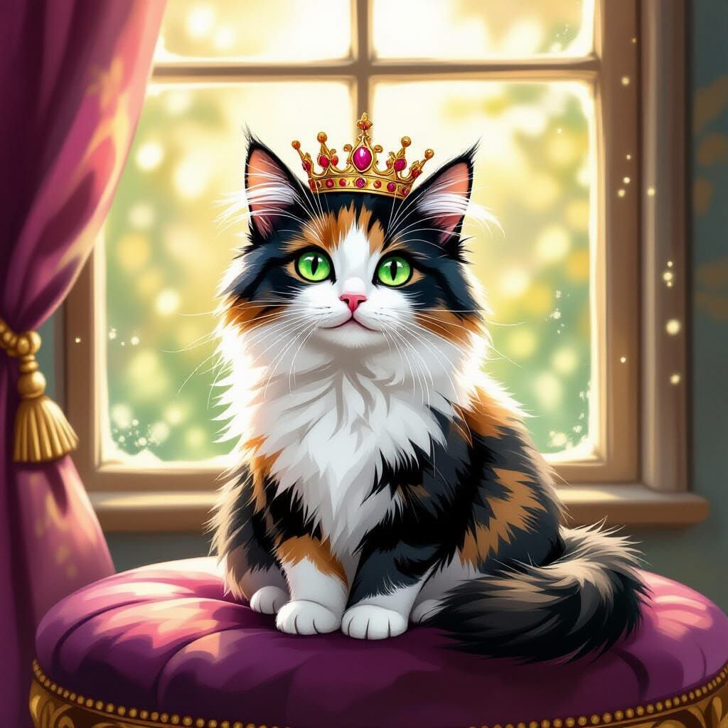 Tri-Colour Cat in Ornate Crown on Velvet Cushion