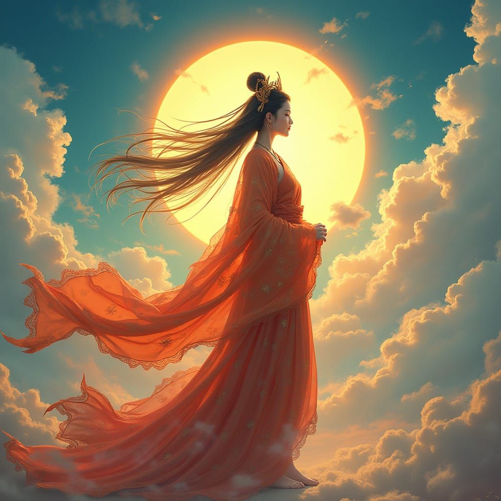 Surreal Goddess Radiates Golden Light in Dreamlike Landscape