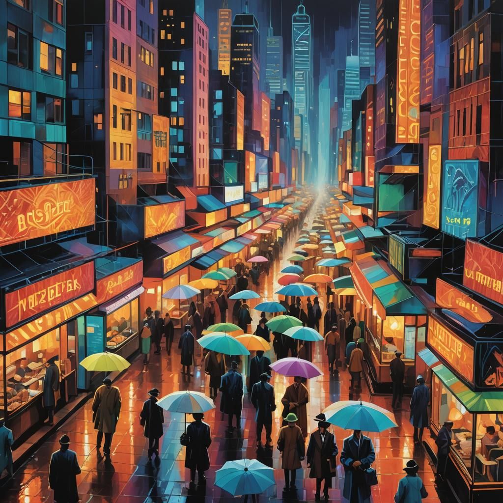 Cyberpunk Cityscape at Night in Cubist Style