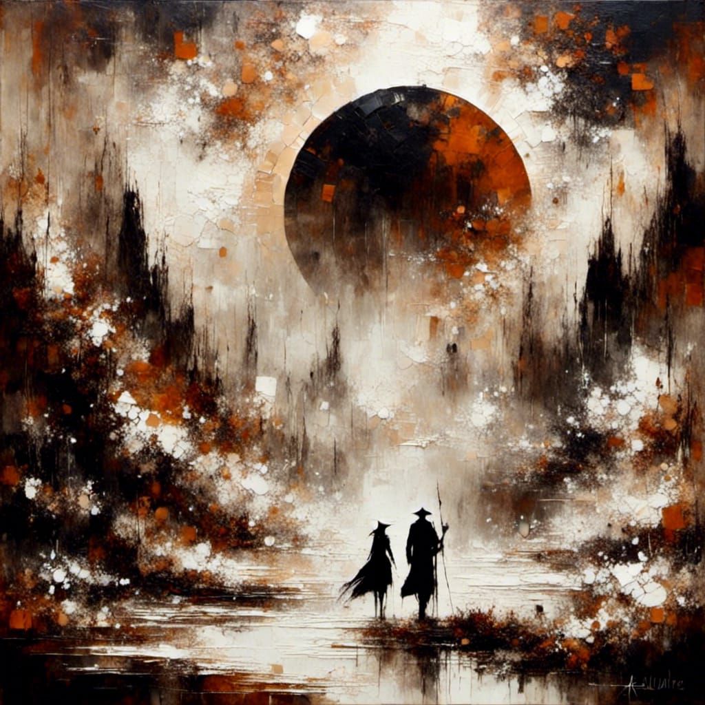 Silhouette Landscape at Night in Impasto Style