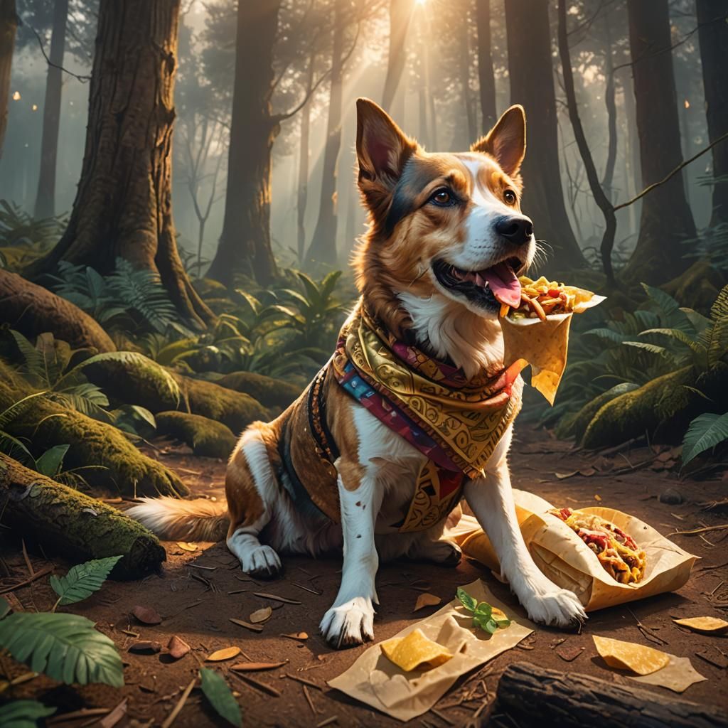 Dog Eating Burrito in Mystical Forest