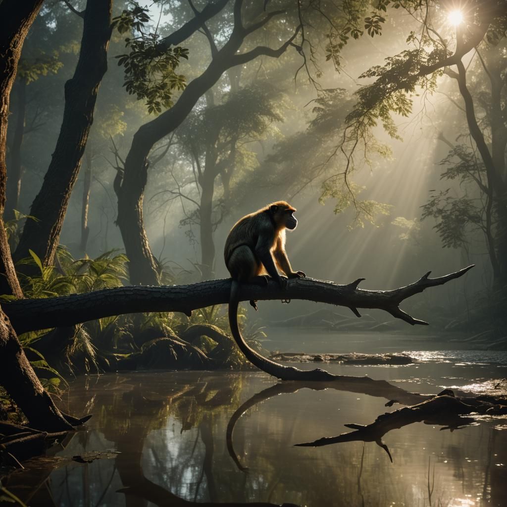 Monkey and Crocodile in Misty Forest: Photorealistic Wildlif...