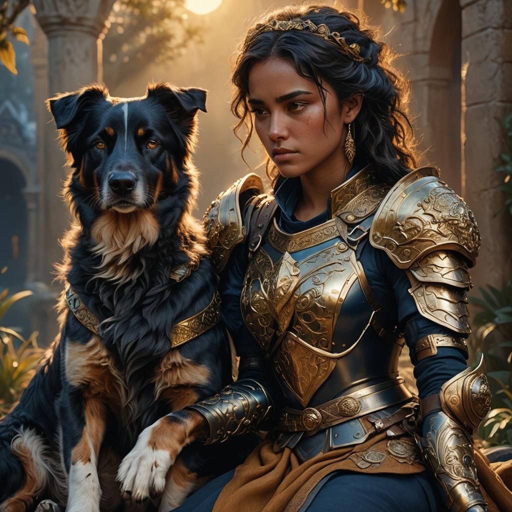 Lady Warrior with Dog in Golden Hour