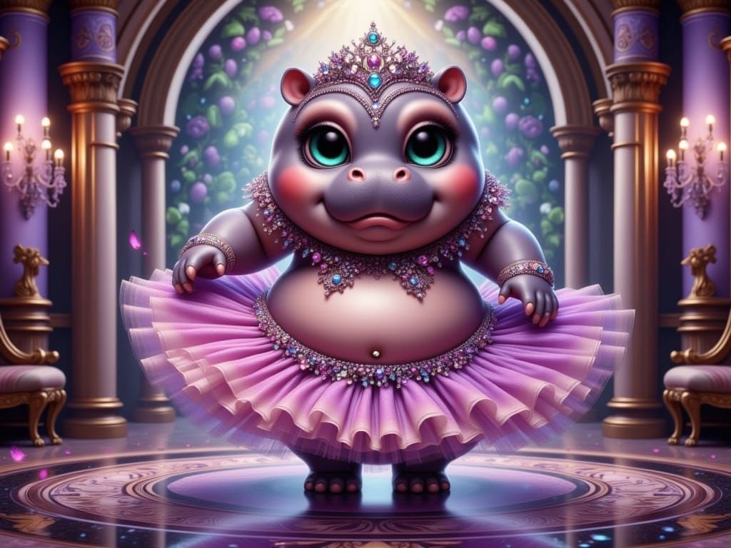 Regal Hippo Diva Dances in Opulent Ballroom