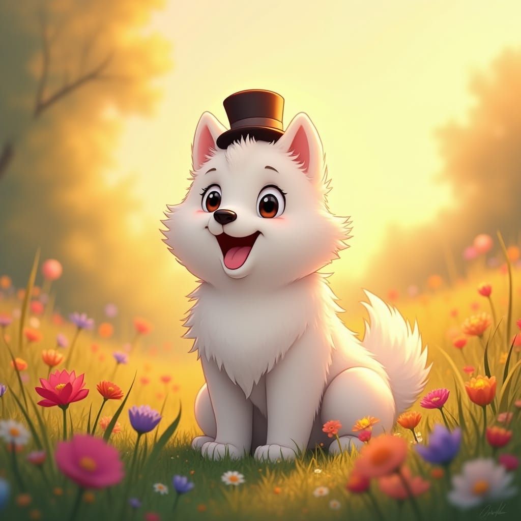 Samoyed Puppy in Top Hat, Whimsical Cartoon