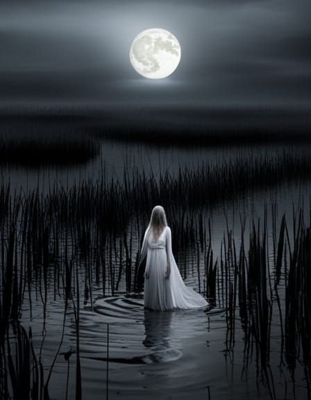 Ethereal Ghost Woman in Moonlit Swamp