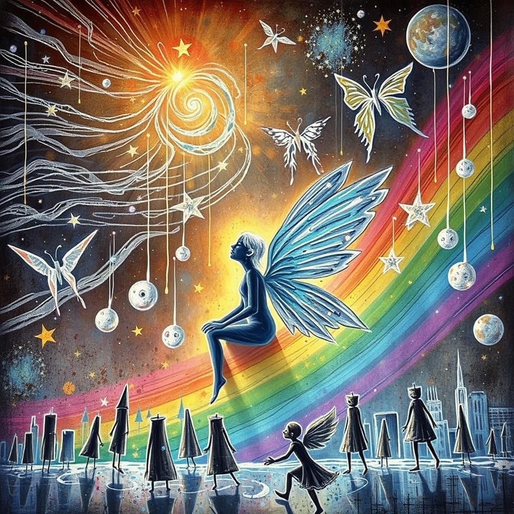 Dreamy Cosmic Cityscape in Crayon Style