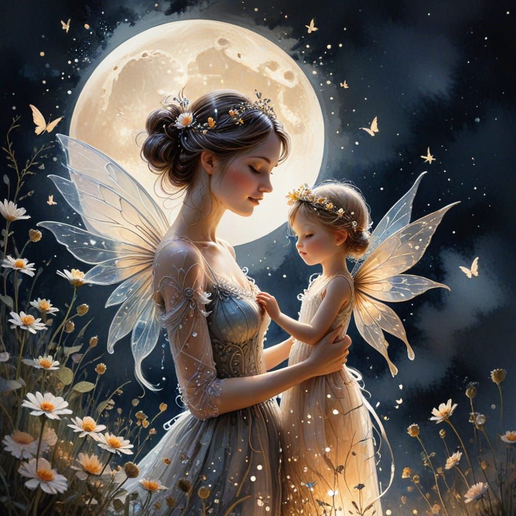Ethereal Fairy Mother and Daughter in Whimsical Watercolor