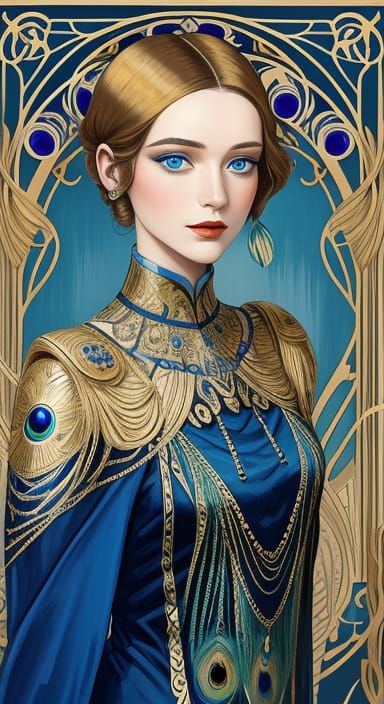 Art Nouveau Portrait of a 1920s Young Lady in Elegant Peacoc...