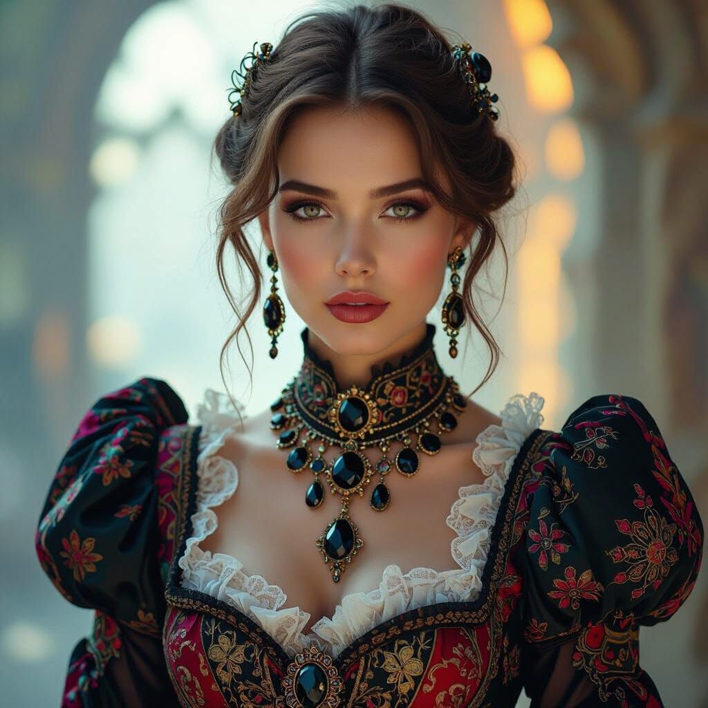 Woman in Victorian Clothing and Futuristic Jewelry