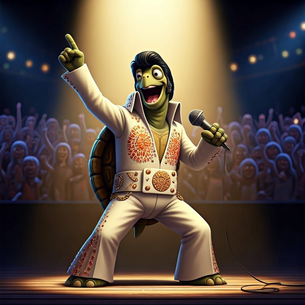 Elvis Turtle Claymation Performance Under Spotlight