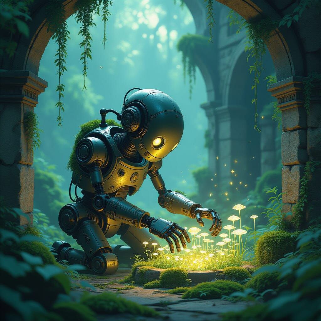 Steampunk Automaton Tends Bioluminescent Garden in Ruins