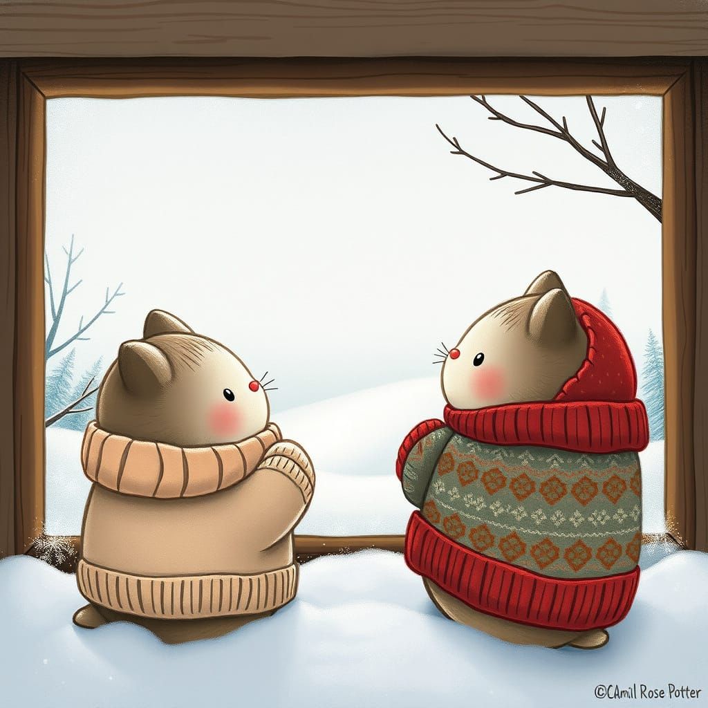 Kirby and Pusheen Winter Window Gaze