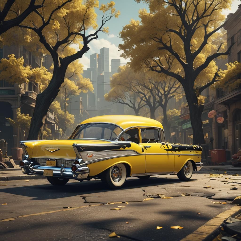 Yellow 1957 Chevy Bel Air with Chrome