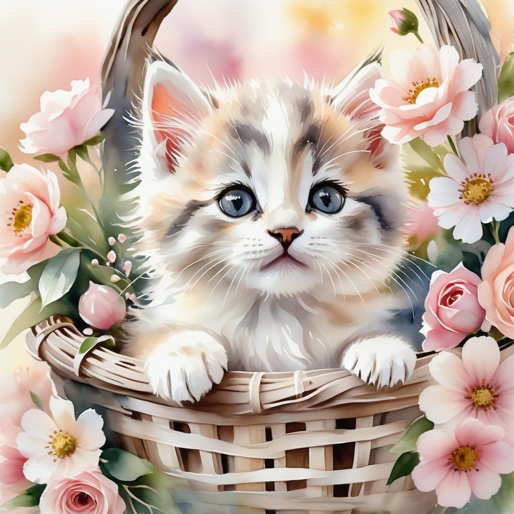 Watercolor Kitten in Flower Basket: Fantasy Art