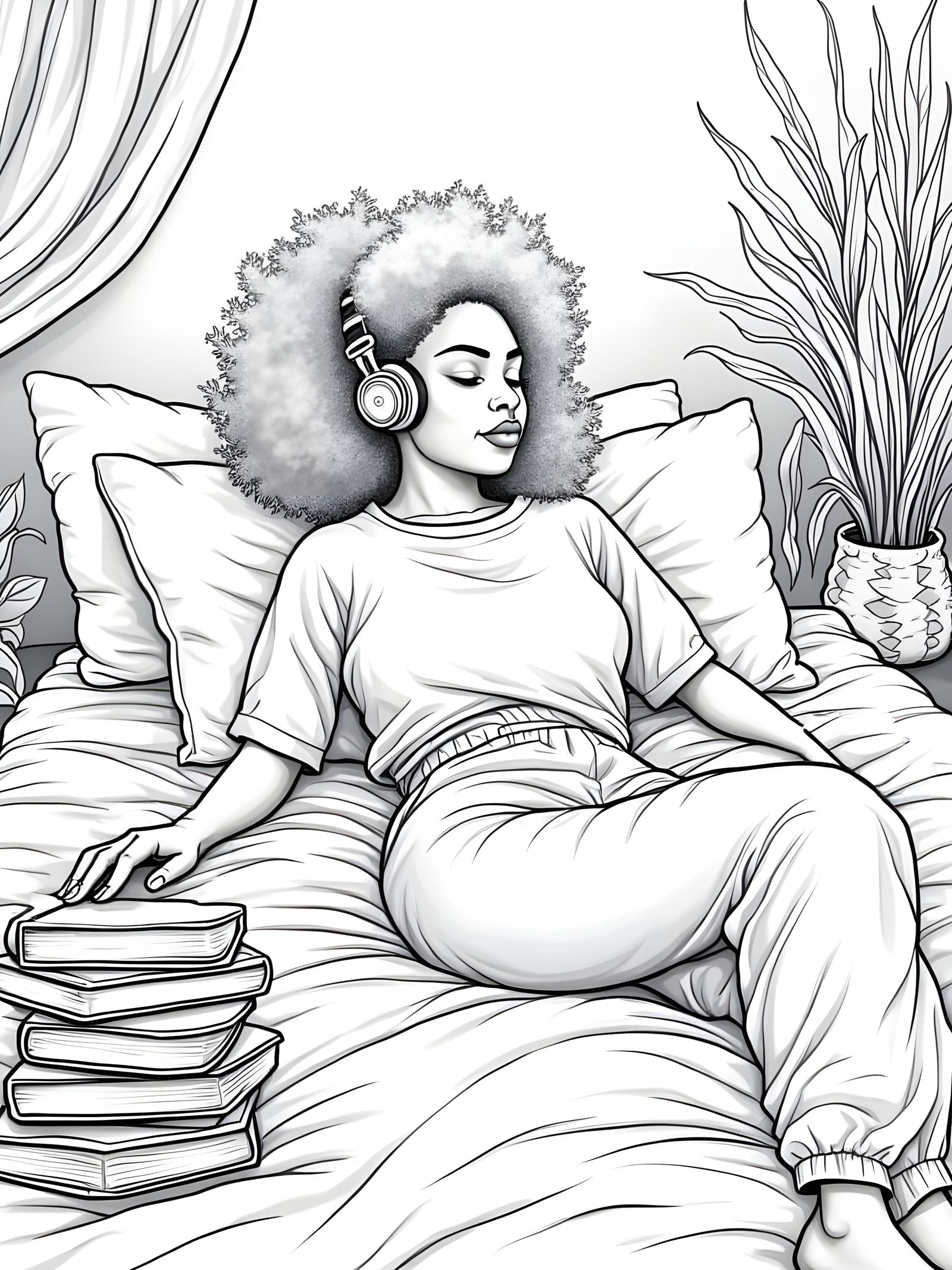 Young Afro Caribbean Woman in Colouring Book Style Line Art