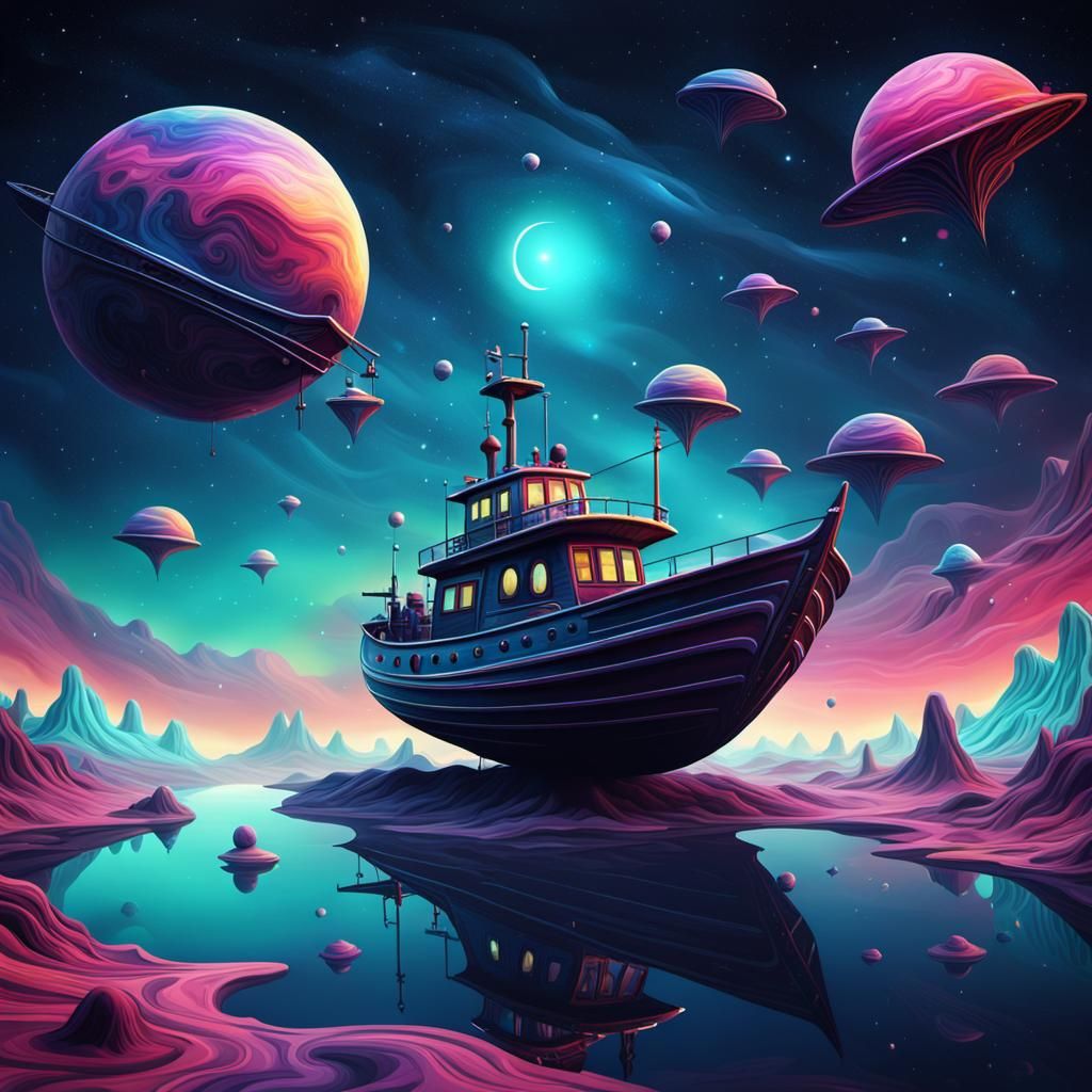 Surreal Boat Flies Through Psychedelic Alien Universe