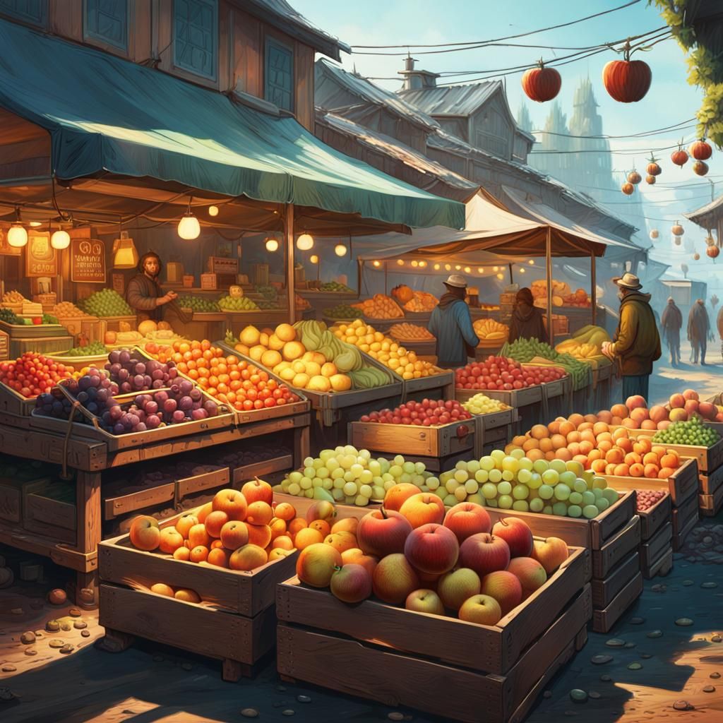 Fantasy Market Stall with Fruits in Matte Painting Style