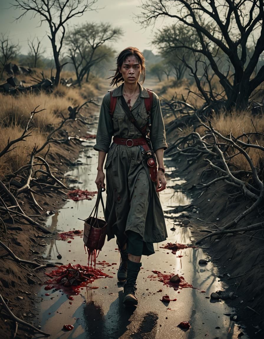 Tearful Survivor on a Bloody Path: Cinematic Still