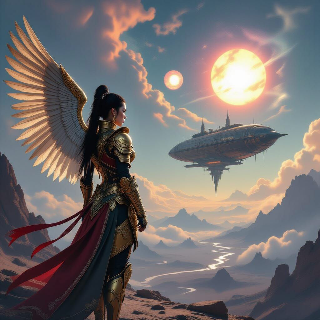 Asian Warrior with Wings in Steampunk Armor on Alien Planet