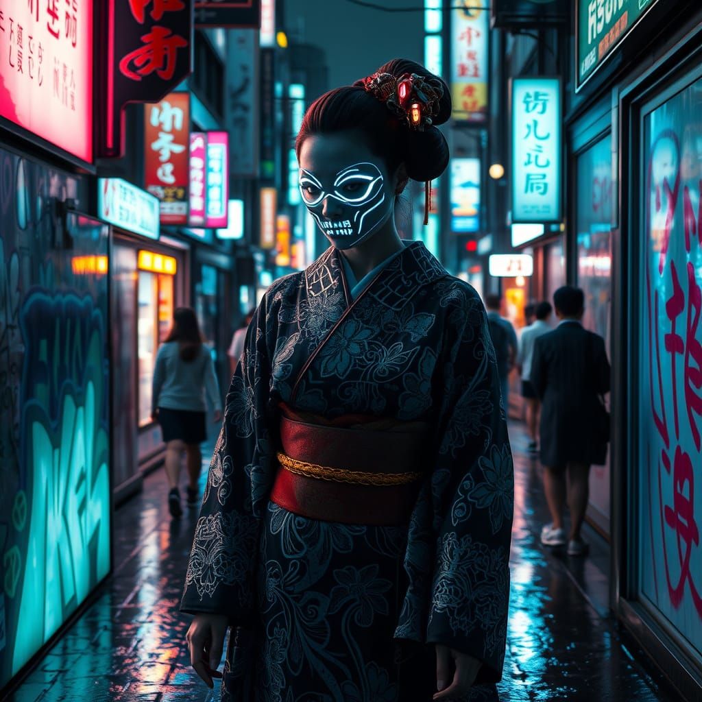Cyberpunk Geisha in Futuristic Tokyo Alleyway